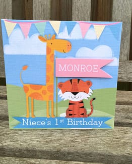 Animals 1st birthday card front stand